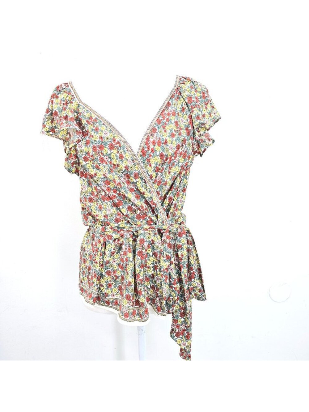 Max Studio Yellow Red Surplice Ditsy Floral Flutter Peplum Top Women Size XL